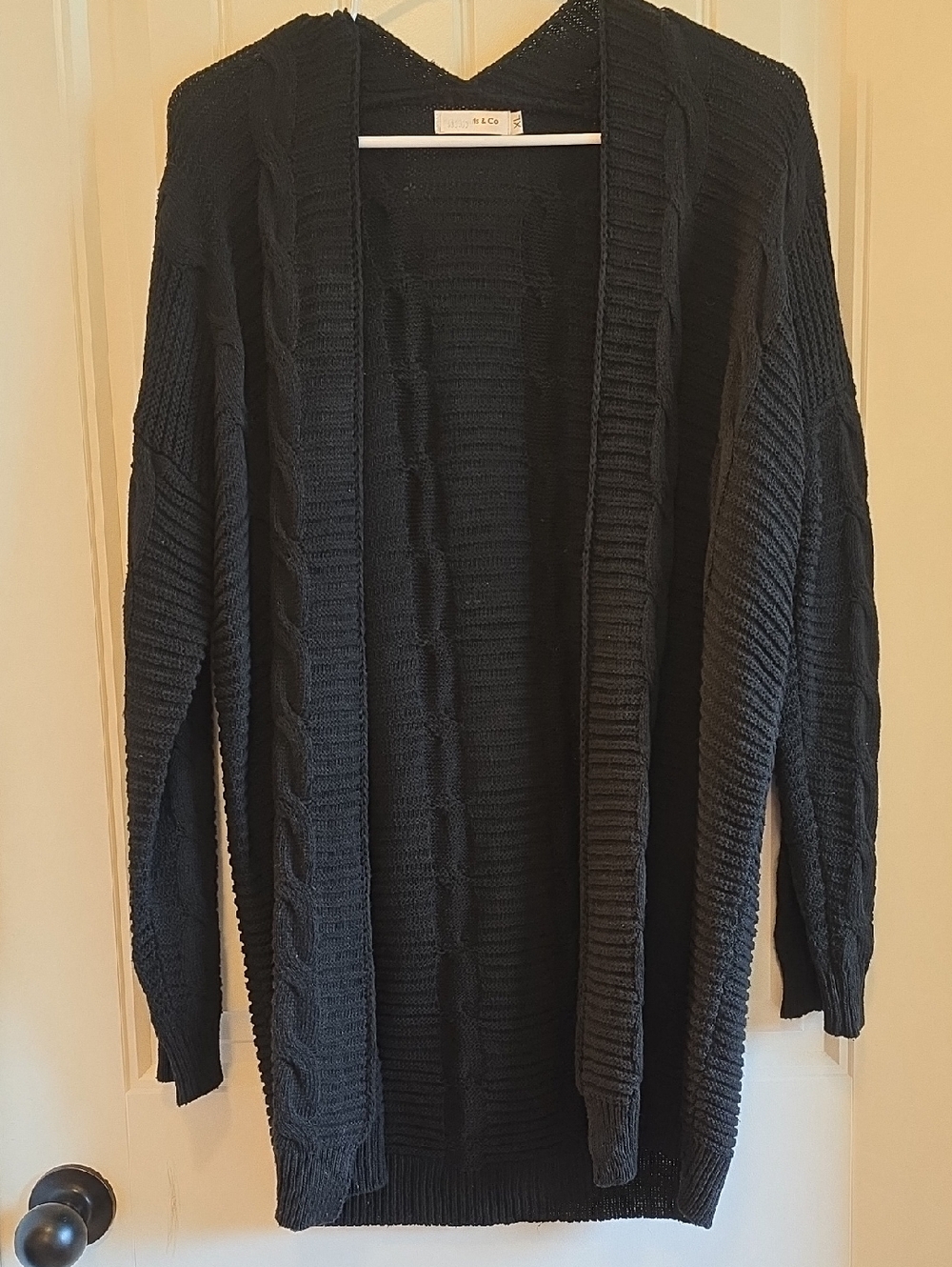 Black Cable Knit Hooded Open Cardigan